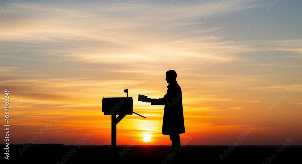 Fototapeta premium Person checking mailbox at sunset with colorful sky
