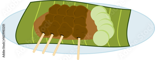 Simple vector illustration of Indonesian food satay served on banana leaf with peanut sauce and compressed rice or lontong