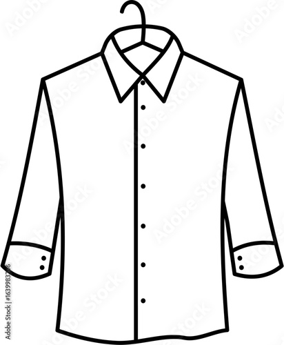 long sleeved collared shirt hanging on a hanger simple line art, outline vector graphic