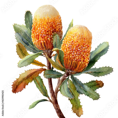 Two vibrant, botanical, Australian  acacia pods, rendered with detailed leaves.  Close-up, watercolor style