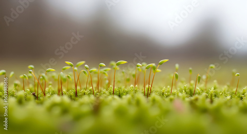 Macro shot of fresh green moss sprouts emerging from moist ground, soft blurred background, nature close-up photography.