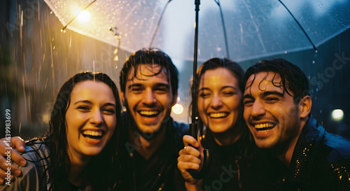 A cheerful group of four young friends sharing a moment of spontaneous laughter while huddled under an umbrella on a rainy night.