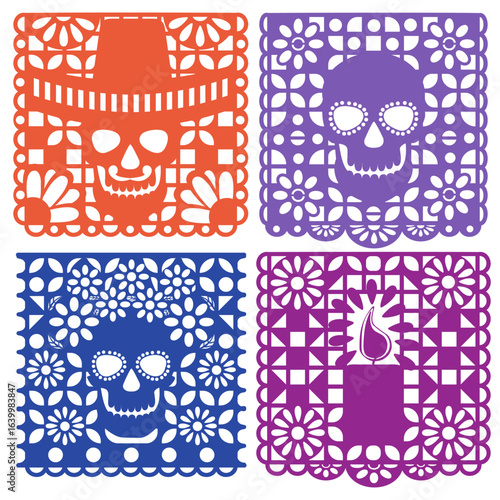 Set of traditional papel picado for the Day of the Dead