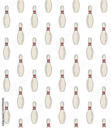 Vector seamless pattern of hand drawn sketch doodle colored bowling skittle isolated on white background