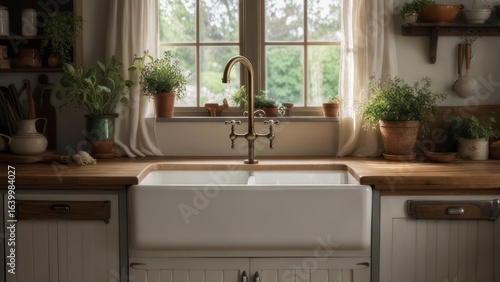 Tranquil Farmhouse Kitchen Sink with Vintage Brass Faucet by a Sunlit Window