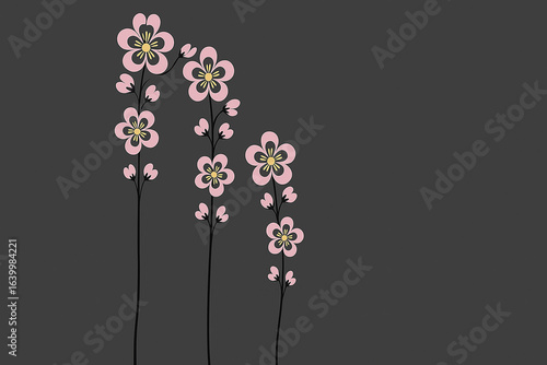 Three slender stems carry soft pink blossoms and buds, geometric yet organic, cascading across a charcoal background, balancing minimalism, rhythm, and elegance.