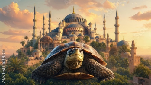 Turtle in front of a mosque