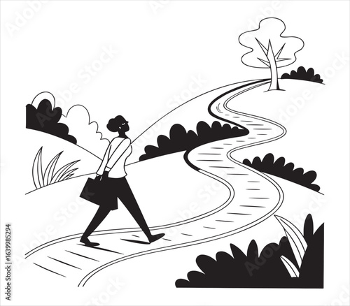 Businesswoman walking on a winding path to success with briefcase in hand minimalist black and white illustration