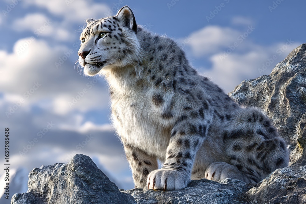 Obraz premium Snow leopard sitting on rocky ledge against blue sky with clouds, showing spotted fur and strong build in natural mountain habitat.