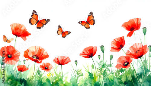 Red Poppies with Butterflies, and Watercolor.