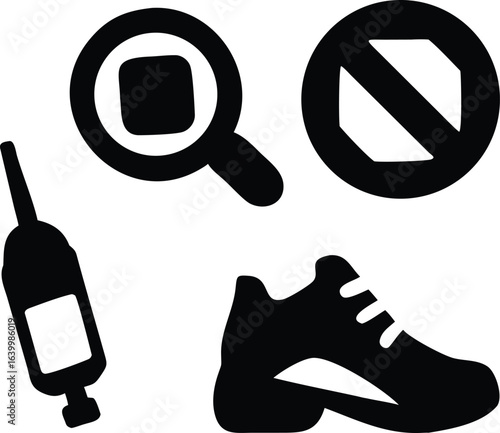 Collection of black icons including a syringe, magnifying glass with square, and prohibition sign medical