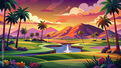 Golf course at sunset in Palm Springs, California, golden light, lush green fairways, distant mountains, warm desert air, serene horizon, palm trees swaying, peaceful atmosphere, soft evening glow.