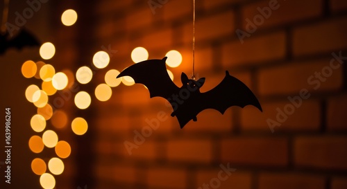 A black bat decoration hangs against a brick wall illuminated by soft round lights