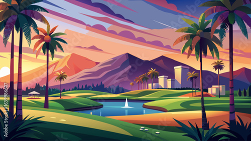 Golf course at sunset in Palm Springs, California, golden light, lush green fairways, distant mountains, warm desert air, serene horizon, palm trees swaying, peaceful atmosphere, soft evening glow.