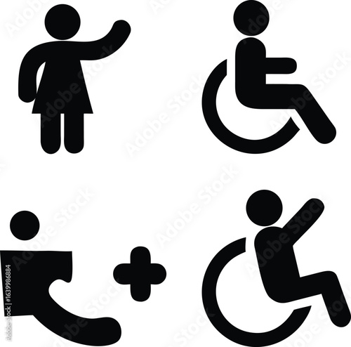 Four black silhouette icons showing a woman, a person in a wheelchair, a puzzle piece, and a plus sign on a white background