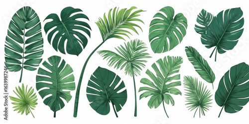 Tropical palm leaves.Set of green handdrawn silhouettes isolated on white background.Perfect for cards, web, backgrounds and natural product.Raster version.Clipart