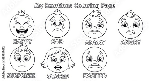 My emotions coloring page with faces showing happy, sad, angry, surprised, scared, and excited