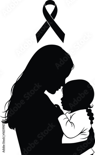 Breast cancer awareness month vector art of silhouette of a mother holding her child with a black ribbon above, isolated on white background vector eps