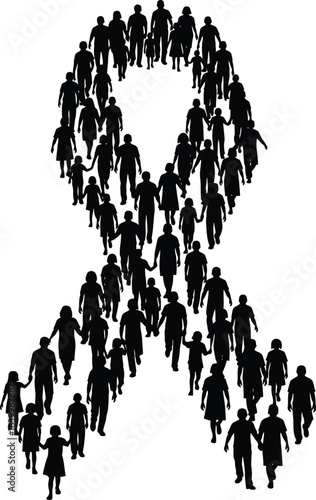 Breast cancer awareness month vector art of silhouette of people forming an awareness ribbon isolated on white background, symbolizing unity and support for a cause vector eps