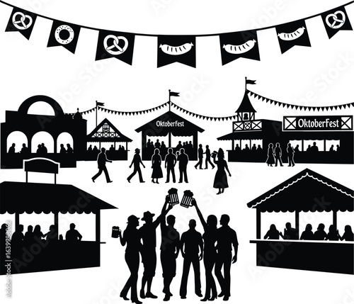 Breast cancer awareness month vector art of oktoberfest celebration with people gathering, beer, tents, and decorations isolated on white background vector eps