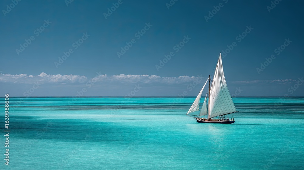 Obraz premium Wide shot of a sailboat on a clear blue ocean under a sunny sky, minimalistic composition