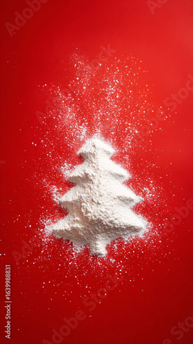 Christmas tree in shape 2026 made of white flour on red background. Christmas bakery and cooking creative minimal concept. Flat lay top view composition. Copyspace 
