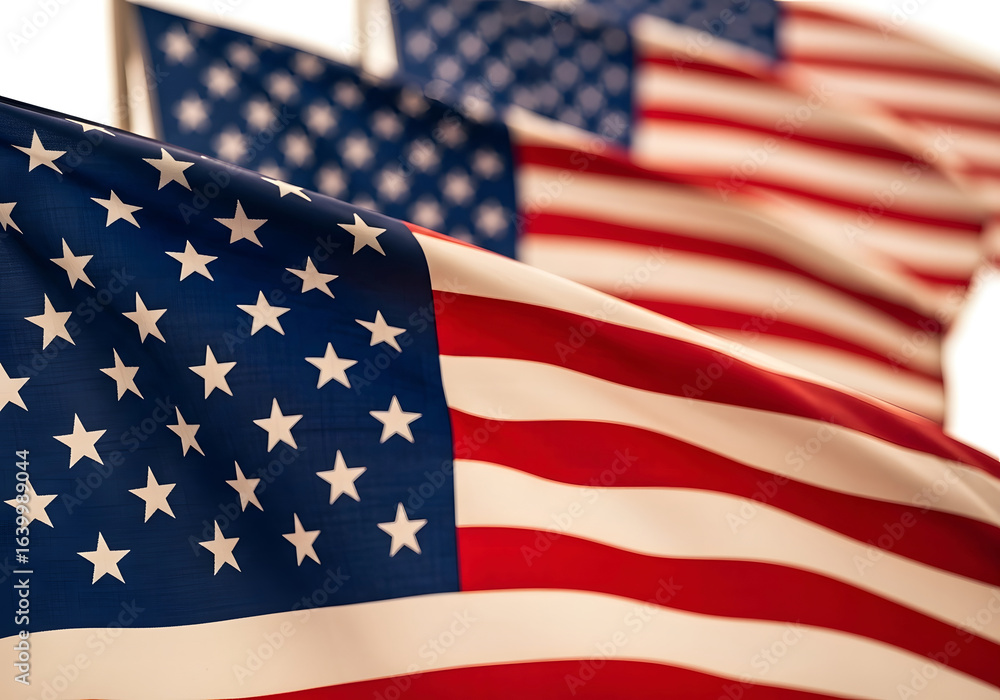 Fototapeta premium Waving American Flags Red White Blue Stars Stripes Fabric united states