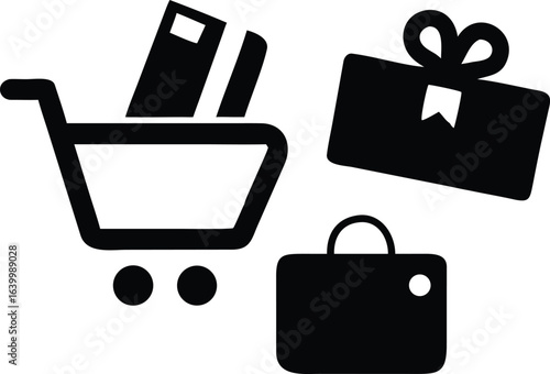 Shopping Cart with Credit Cards Gift Box and Briefcase Icons on White Background commerce