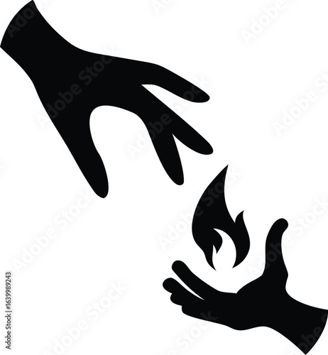 Silhouette hands reaching for a flame with a white background fire giving