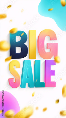 Colorful animated BIG SALE text on white golden background , retail promotions, discount events and social media marketing Big sale offer

