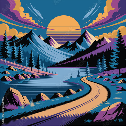 Colorful mountain landscape with winding road and sunset illustration.