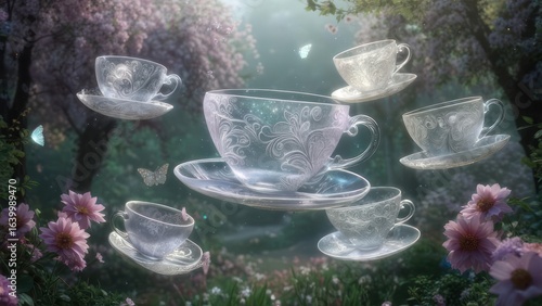 Whimsical Flight of Etched Glass Teacups in a Sunlit, Mystical Garden