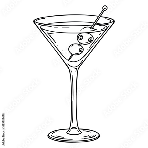 A simple line drawing of a martini glass filled with liquid and garnished with olives on a toothpick
