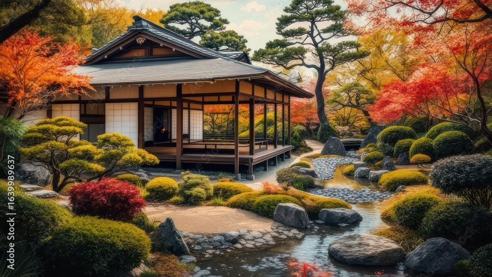 Obraz premium Whispers of Autumn: A Serene Japanese Pavilion and Garden in Full Seasonal Splendor.