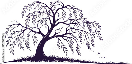 Weeping Willow Single-Line Art - Graceful Vector Silhouette with Drooping Branches