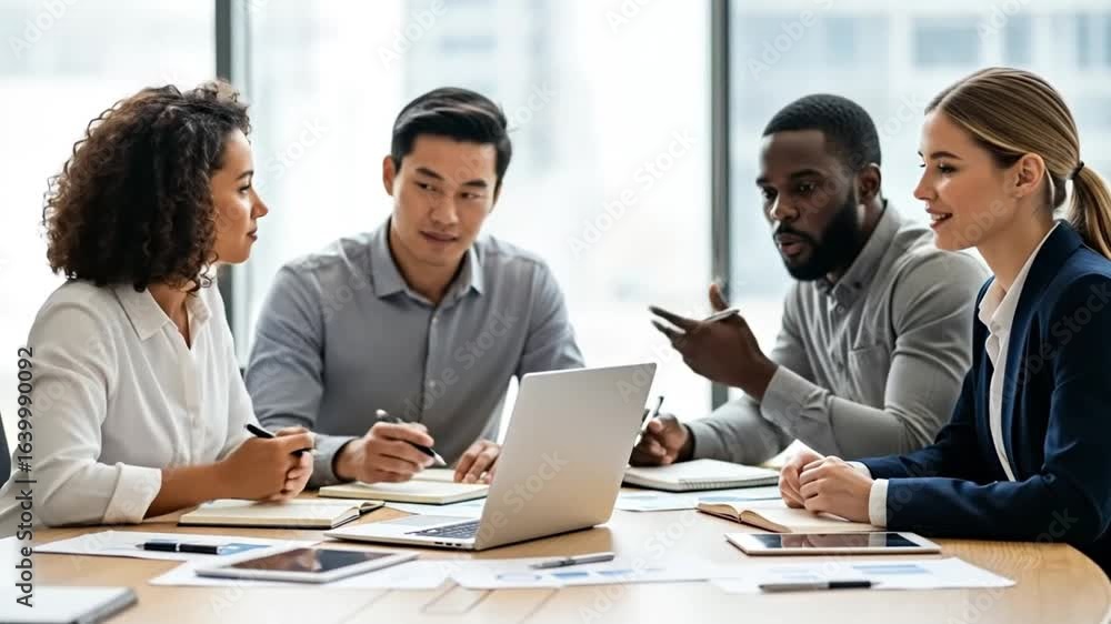Diverse Business Team Collaborating on Project in Modern Office Meeting Room, Discussing Ideas and Strategy Diverse Business Team Collaborating on Project in Modern Office Meeting Room, Discussing Ideas and Strategy