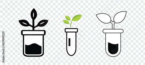 Plant growth icon set in lab glassware including jar and test tube for biotechnology agriculture and science research