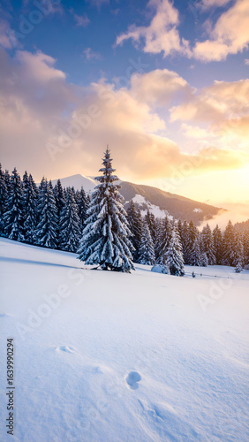 Snowy Mountain Sunset with Fir Trees.