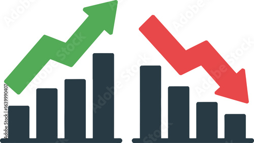 dual bar chart with green upward arrow and red downward arrow representing financial growth and decline performance trends