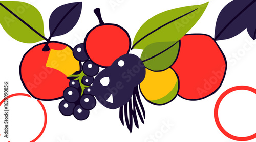 Colorful fruit and berries arranged in a decorative pattern.