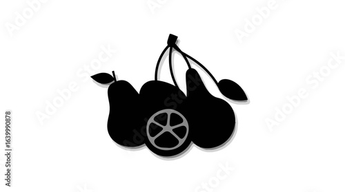 Silhouette of three pears and a citrus slice, simple graphic design.