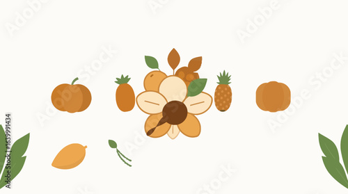 A symmetrical arrangement of stylized fruits and foliage, including pumpkins, pineapples, oranges, and leaves, around a central flower.