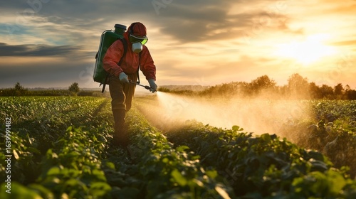 Farmer wearing protective mask spraying pesticide in the field during harvest season