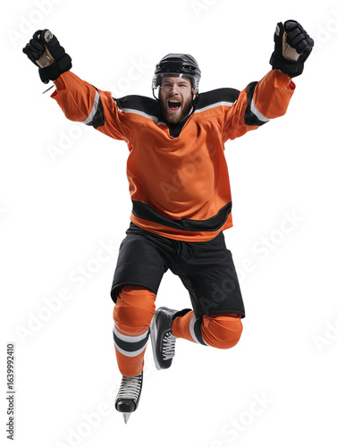 PNG of Excited male hockey player in orange jersey celebrates a goal on the ice, showcasing passion and athleticism.