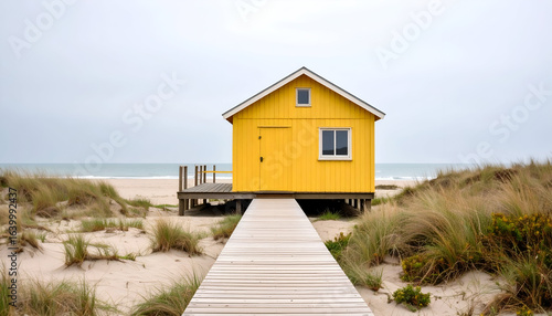 Yellow Beach House with Wooden Walkway.