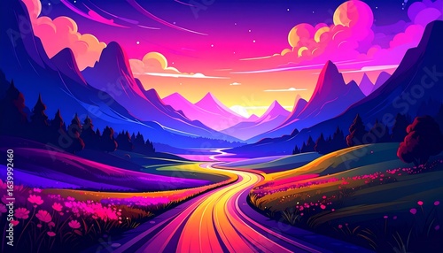 Colorful mountain road sunrise illustration