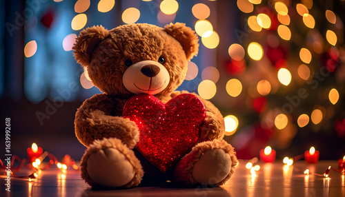 Wallpaper Mural Teddy Bear with Red Heart, and Christmas Lights. Torontodigital.ca