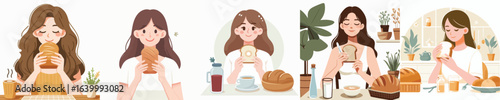 vector character of woman eating bread