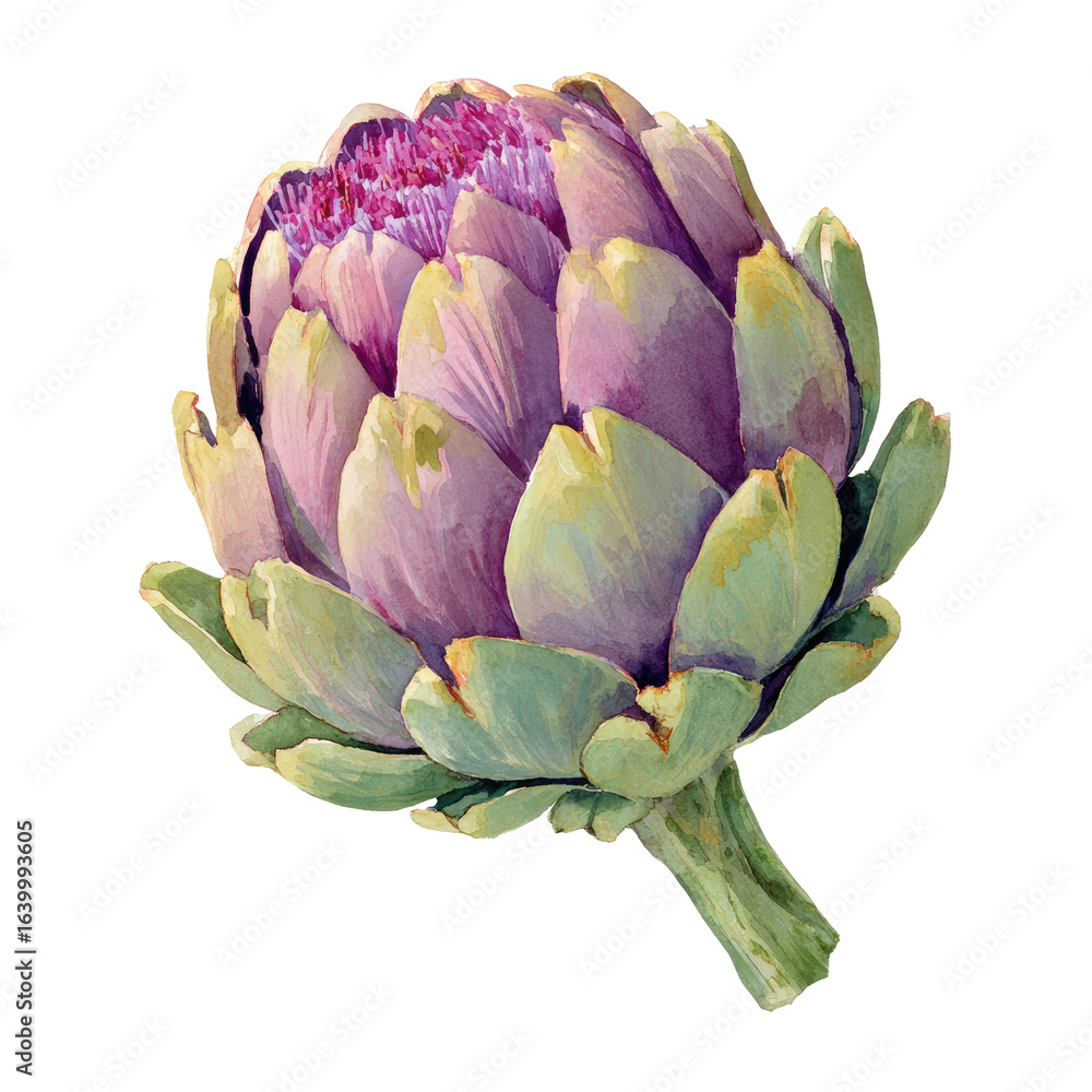 Obraz premium Vibrant, detailed illustration of an artichoke head. Close-up view, showing the layers of leaves, ranging in color from muted pinks and purples to light greens. 