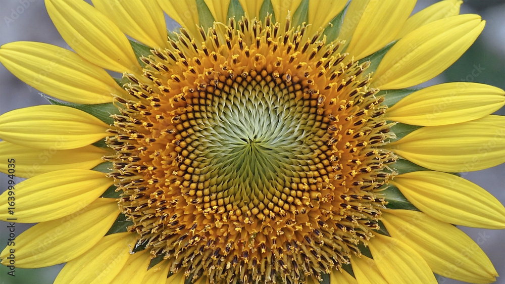 Obraz premium Macro capture of sunflower center with pollen detail and radial petal symmetry